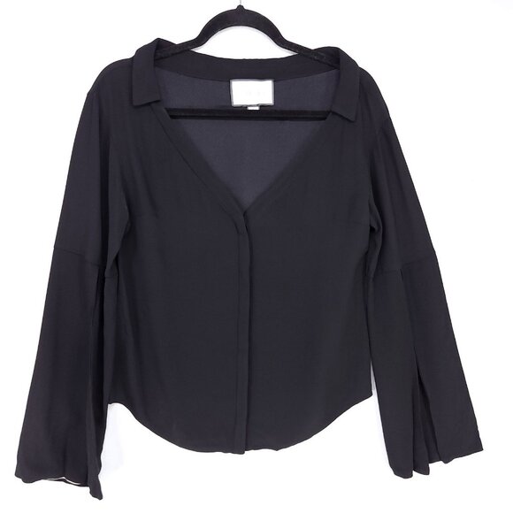 Alexis Blouse Size XS Boxy Fit Black Button Up Bell Slit Sleeve Top Vneck Collar - Picture 10 of 13